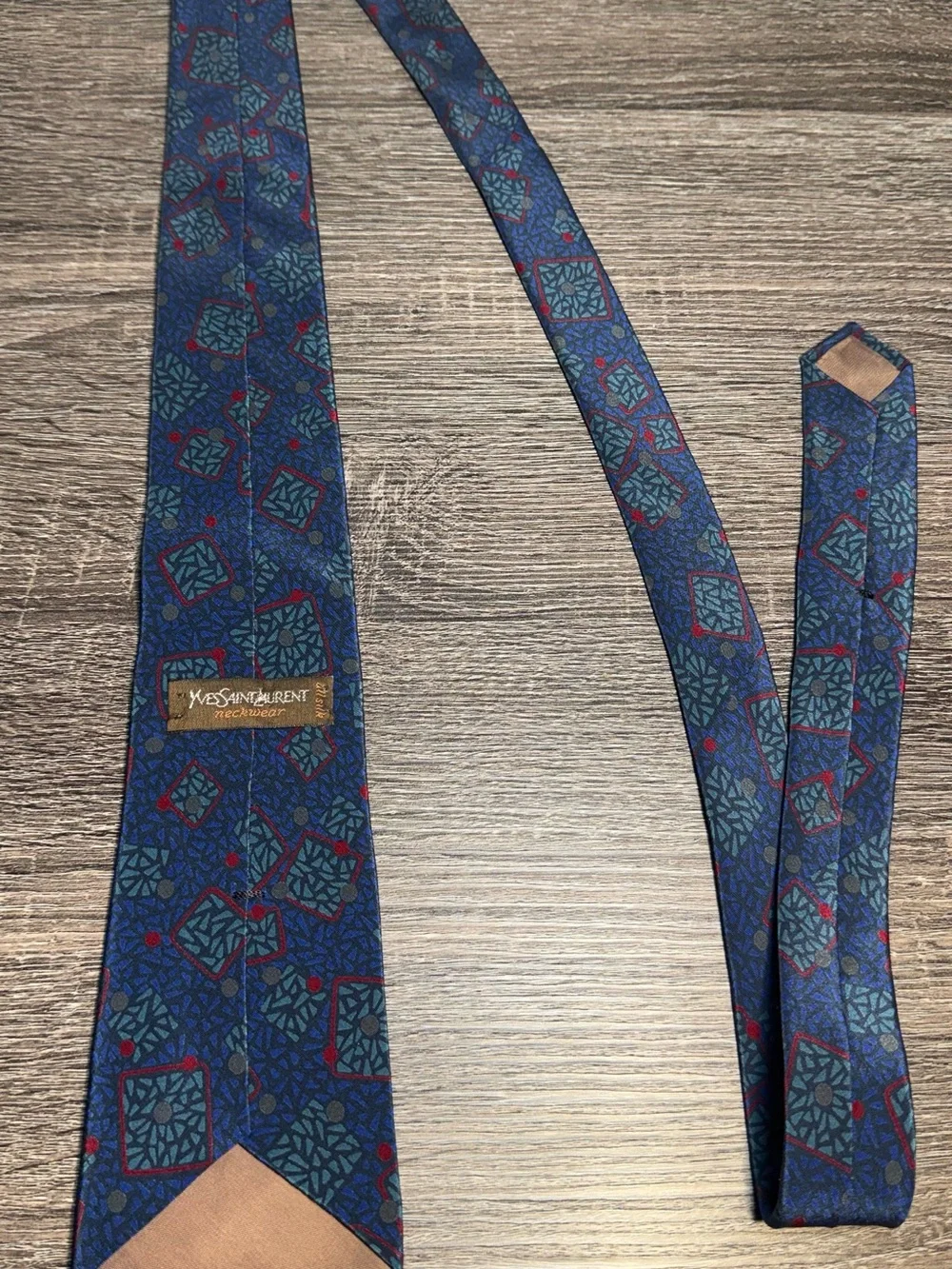 Yves Saint Laurent Navy Blue Geometric Silk Tie with Red Accents